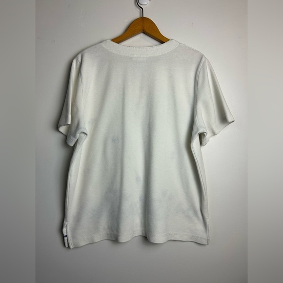 VTG Y2K Henley Tie M Waffle knit Floral Embroidered White Top Womens Grandmacore - Picture 2 of 12